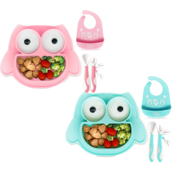 Rutschfestes Brunoko Silikon-Babyteller 3-in-1 Baby-Tellerset + Babylöffel + Lätzchen mit Auffangschale aus Silikon BPA-frei Rosa oder Mi