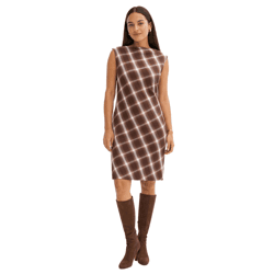 schickes Damen Kleid im Karo-Muster Abend-Kleid Mini-Kleid ärmellos 938009 Braun/Weiß