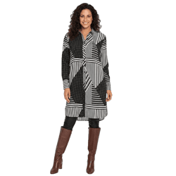 Modische Long-Bluse mit mit modernem Patchwork-Design Hemd-Bluse Langarm-Bluse 913770 Weiß/Schwarz