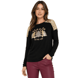 Damen Langarm-Pullover mit Weihnachts-Muster Shirt mit Pailletten Longsleeve mit Glitzer-Aufdruck 956436 Schwarz/Gold