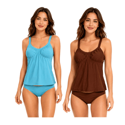 2-teiliges Damen Tankini-Set Badekleidung mit gefütterten Cups Tankini Top und Slip für Strand & Sommer in Blau oder Braun