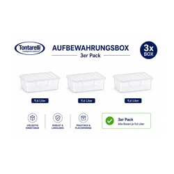 3er Set Tontarelli Aufbewahrungsbox je 9,6 Liter Fassungsvermögen Stapelbare Vorratsboxen mit Deckel 36 x 26,4 x 19,5 cm Transparent/Weiß