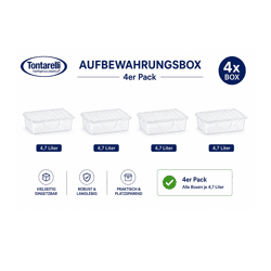 4er Set Tontarelli Aufbewahrungsbox je 4,7 Liter Fassungsvermögen Stapelbare Vorratsboxen mit Deckel 32,7 x 19 x 19 cm Transparent/Weiß