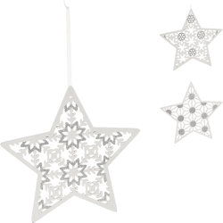 Kersthanger Ster hout wit glitter 22 cm 3 assorti