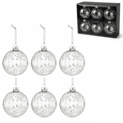 J-Line kerstballen glas Krul zilverkleurig glitter 8 cm set van 6