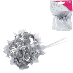 Miss France satijnen bloemen met strass grijs 13 cm 12 stuks