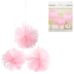 Decoratie tule pompom roze 30 cm set van 3
