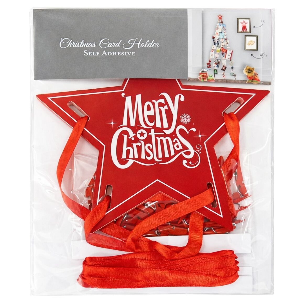 Sorbo Kerstkaarthouder lint rood 41-delig
