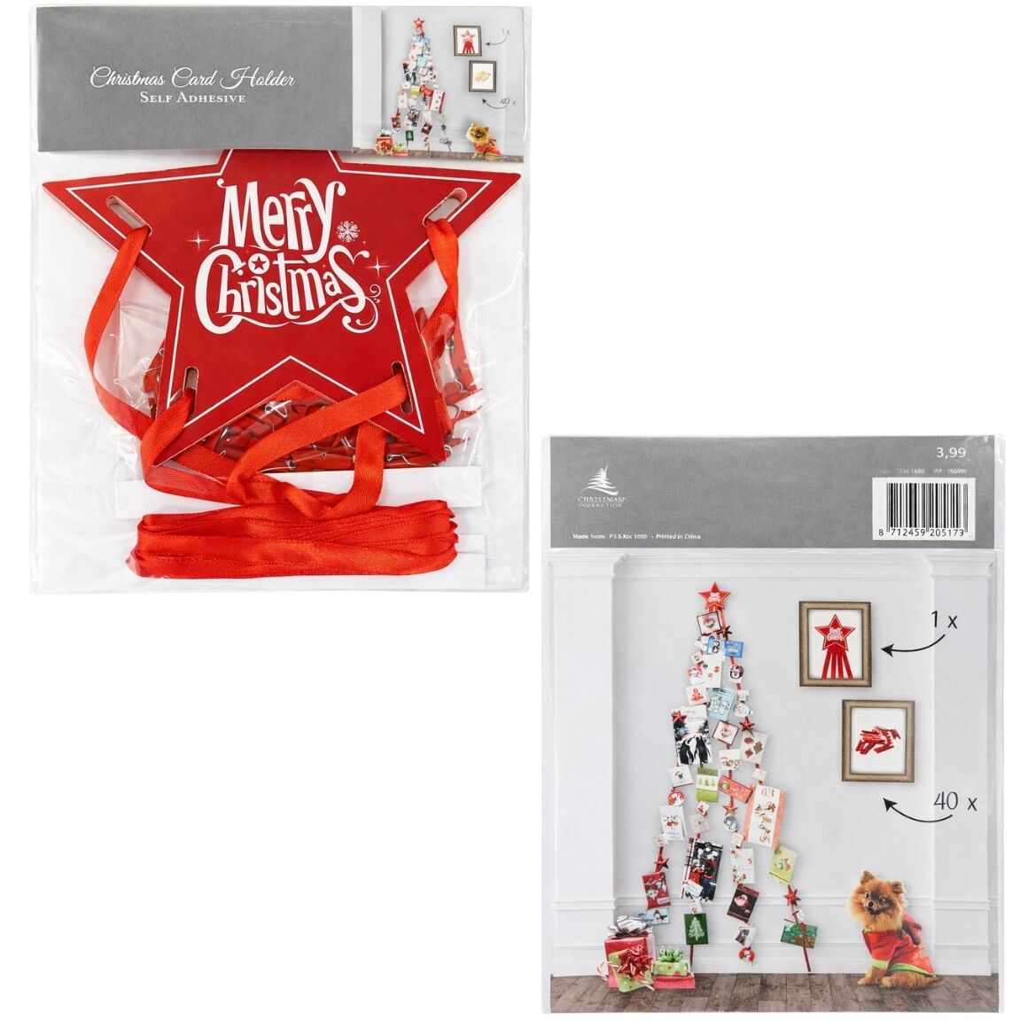 Sorbo Kerstkaarthouder lint rood 41-delig