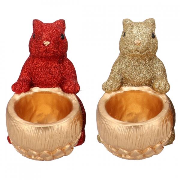 Schaal Jingle eekhoorn zittend rood/goudkleurig 17 cm 2 assorti