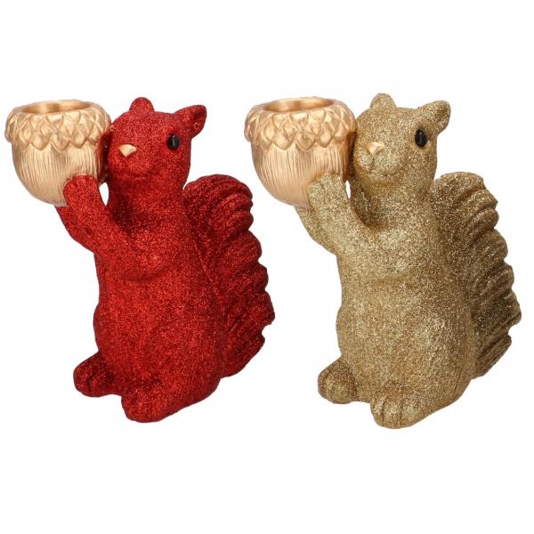 Schaal Jingle eekhoorn staand rood/goudkleurig 21 cm 2 assorti