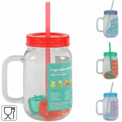Beker met rietje en deksel 4 assorti 550 ml
