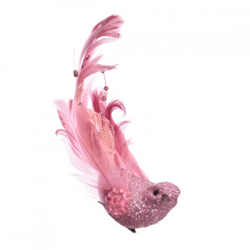 Decoratie vogel op clip roze 16 cm