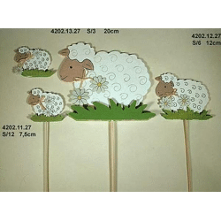 Holzschaf mit Stab, 12er- Box ca. 7 x7 cm Deko Ostern Frühling