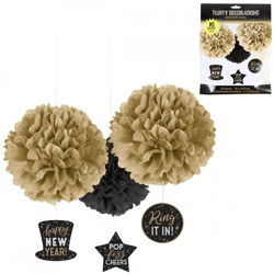 Decoration pendant Happy New Year pompom 40.6 cm set of 3