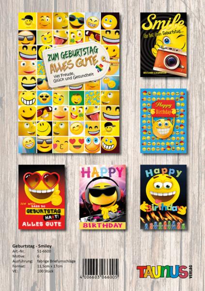 Smiley Geburtstagskarten - 100 St&uuml;ck - 6 Motive