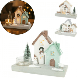 Theelichthouder huis kerst 16 cm 3 assorti B-keus