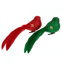 Vogel op clip Shine Bird rood/groen 16 cm set van 2