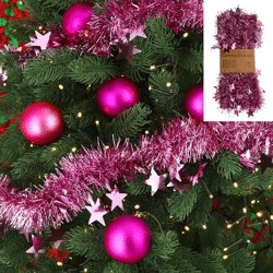 Tinsel garland, stars, pink, approx. 6.5x200cm