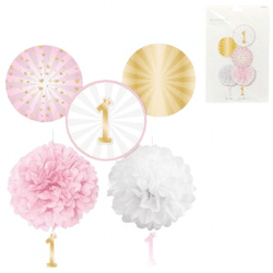 Decoratieset 1e verjaardag papier roze 5-delig