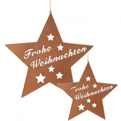 Hanger ster Frohe Weihnachten metaal roestkleurig 25 cm set van 2