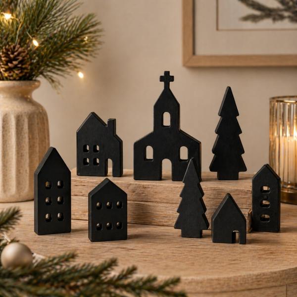 Weihnachtsdorf Holz schwarz 16 cm 8-teilig