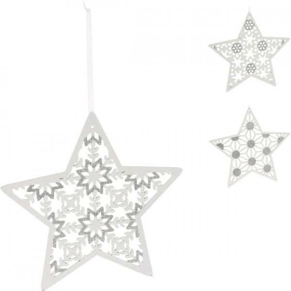 Weihnachtsanhänger Stern Holz weiß glitter 22 cm 3fach sortiert