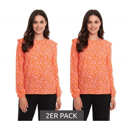 2er Pack Tamaris Blusen-Shirt Damen Langarm-Bluse mit floralem Muster und kleinen Rüschen 50537609 Orange/Pink