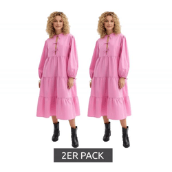 2er Sparpack weites Damen Midi-Kleid mit Schleifen aus reiner Baumwolle Langarm-Kleid 977645 Rosa