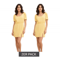 2er Sparpack kurzes Damen Shirt-Kleid aus strukturiertem Crêpe Jersey-Kleid Sommer-Kleid 909338 Gelb