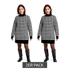 2er Sparpack Damen Strick-Kleid mit Hahnentritt-Muster Mini-Kleid mit langen Ärmeln und Stehkragen 914658 Schwarz/Weiß