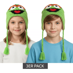 3er Sparpack Sesamstraße Oskar aus der Tonne Mütze Kinder Beanie mit Zöpfen KC148220SES Grün