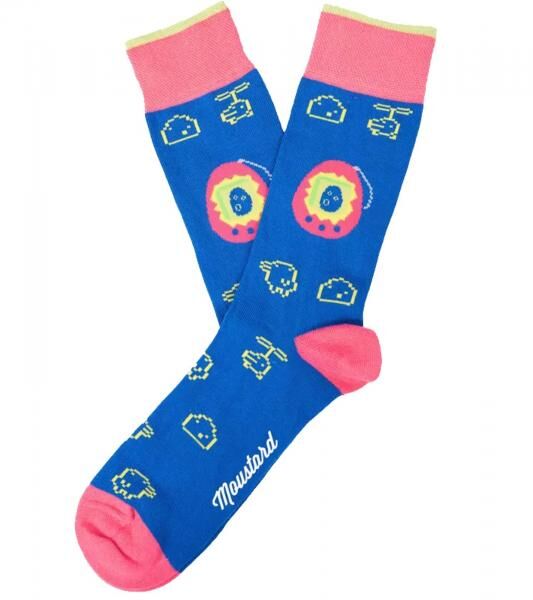 6 Paar Moustard Digipet Baumwoll-Socken Tamagotchi Design Retro-Gameplay gemusterte lange Str&uuml;mpfe 22S-DIGI Dunkelblau/Rosa/Gelb