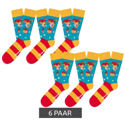 6 Paar Moustard Jack in the Box Baumwoll-Socken Schachtel-Teufel Design gestreifte lange Strümpfe 20S-JACK Rot/Gelb/Blau