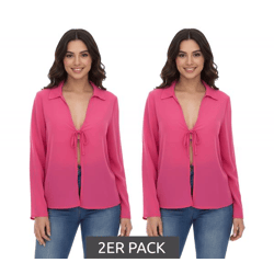 2er Pack Aniston SELECTED Damen Langarm-Bluse mit Bindeband Crinkle-Optik 63149957 Pink
