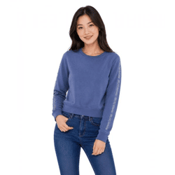bruno banani Damen Rundhals-Pullover mit Marken-Schriftzug an Ärmel verlaufend Baumwoll-Sweater Langarm-Shirt Blau