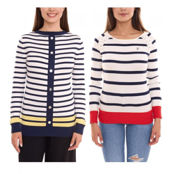 DELMAO Damen Langarm-Shirt gestreiftes Rundhals-Sweatshirt mit Schnürung oder Knöpfen Blau/Weiß/Rot oder Blau/Weiß