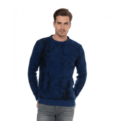 Timeless Men's Crew-Neck Sweater in a Two-Tone Design, Fine-Knit Sweater 13433 Sax Blue