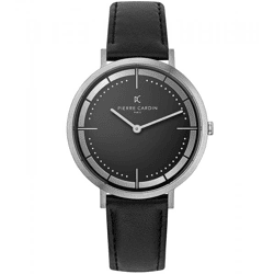 Pierre Cardin Herren analoge Quarz-Uhr mit Leder-Armband Armband-Uhr 3ATM 42mm CBV.1029 Silber/Schwarz