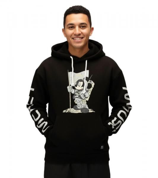 RE:COVERED X Disney Herren Kapuzen-Pullover mit Mickey Mouse-Print Baumwoll-Hoody Langarm-Shirt RCDIF2049 Schwarz