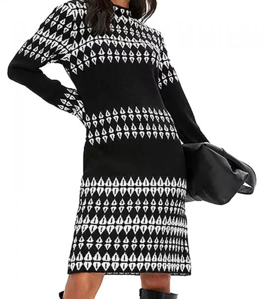 Damen Strick-Kleid mit Fairisle-Print Langarm-Kleid Herbst-Kleid 923627 Schwarz/Wei&szlig;
