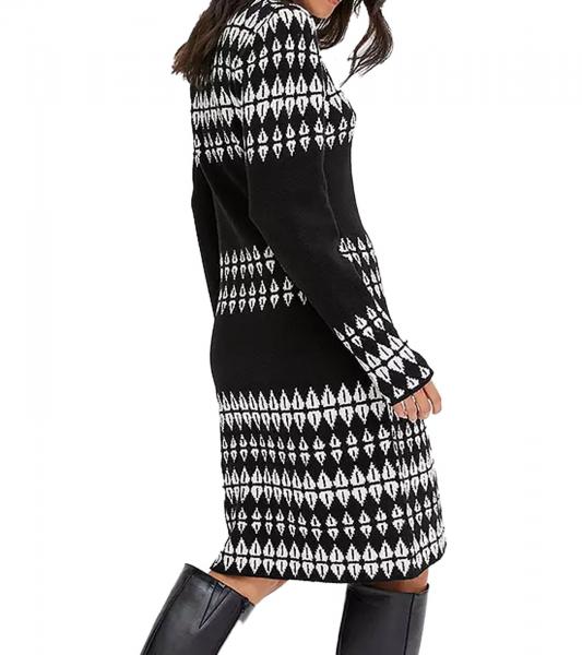 Damen Strick-Kleid mit Fairisle-Print Langarm-Kleid Herbst-Kleid 923627 Schwarz/Wei&szlig;