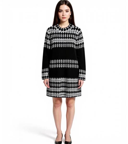 Damen Strick-Kleid mit Fairisle-Print Langarm-Kleid Herbst-Kleid 923627 Schwarz/Wei&szlig;