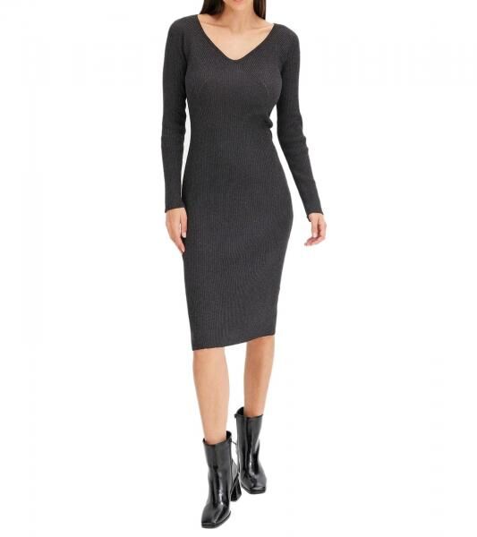 Damen Midi-Kleid mit Rippenstrick Langarm-Kleid schmales Strick-Kleid 933773 Grau