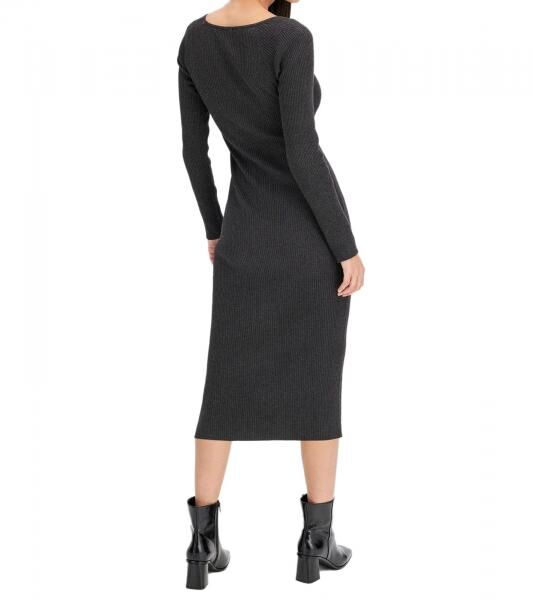 Damen Midi-Kleid mit Rippenstrick Langarm-Kleid schmales Strick-Kleid 933773 Grau