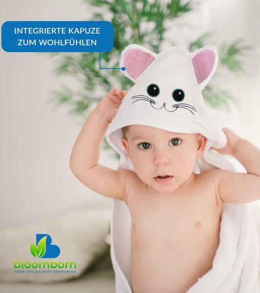 Kuschelweiches bloomborn Baby Badet&uuml;cher Set Kapuzen-Handtuch mit Katzenmotiv inkl. 2x Waschhandschuh Baumwoll-Badetuch 75 x 75cm Wei&szlig;