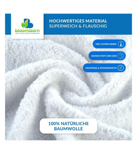 Kuschelweiches bloomborn Baby Badet&uuml;cher Set Kapuzen-Handtuch mit Katzenmotiv inkl. 2x Waschhandschuh Baumwoll-Badetuch 75 x 75cm Wei&szlig;