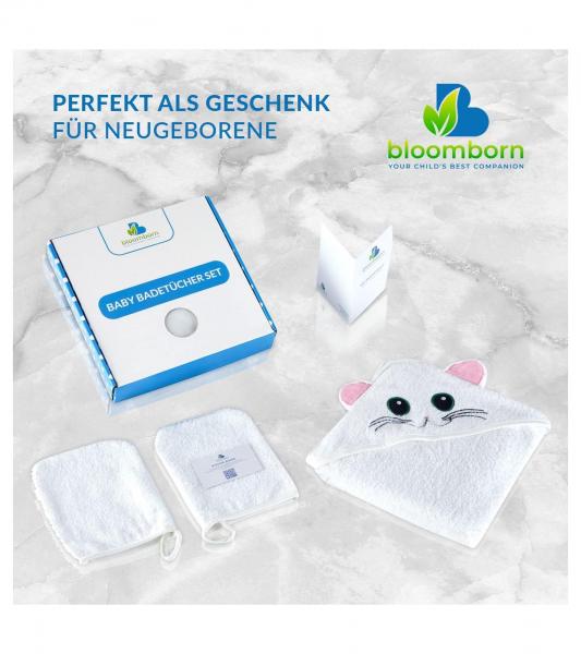 Kuschelweiches bloomborn Baby Badet&uuml;cher Set Kapuzen-Handtuch mit Katzenmotiv inkl. 2x Waschhandschuh Baumwoll-Badetuch 75 x 75cm Wei&szlig;