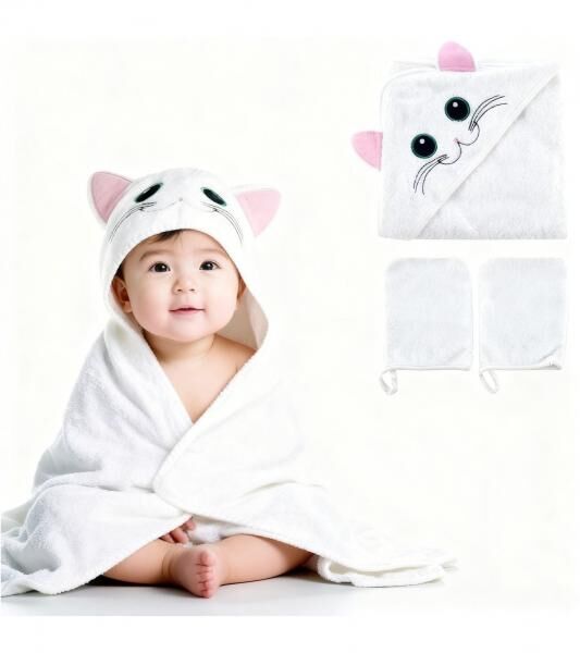 Kuschelweiches bloomborn Baby Badet&uuml;cher Set Kapuzen-Handtuch mit Katzenmotiv inkl. 2x Waschhandschuh Baumwoll-Badetuch 75 x 75cm Wei&szlig;