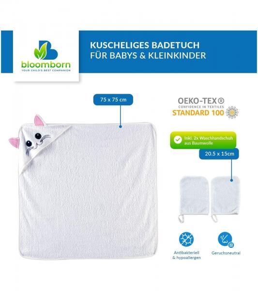 Kuschelweiches bloomborn Baby Badet&uuml;cher Set Kapuzen-Handtuch mit Katzenmotiv inkl. 2x Waschhandschuh Baumwoll-Badetuch 75 x 75cm Wei&szlig;